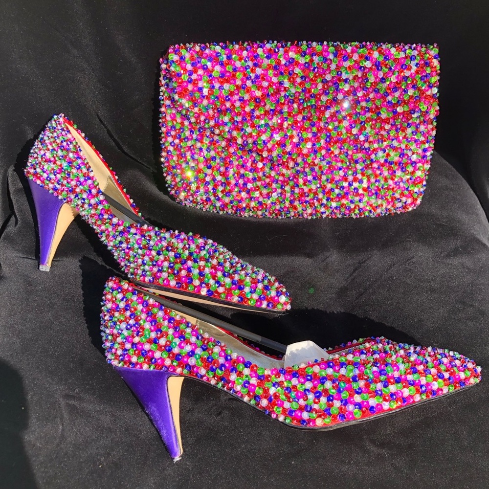Vintage J. Renée hand-beaded pumps sz 8.5M w/matching bag 1988 NIB